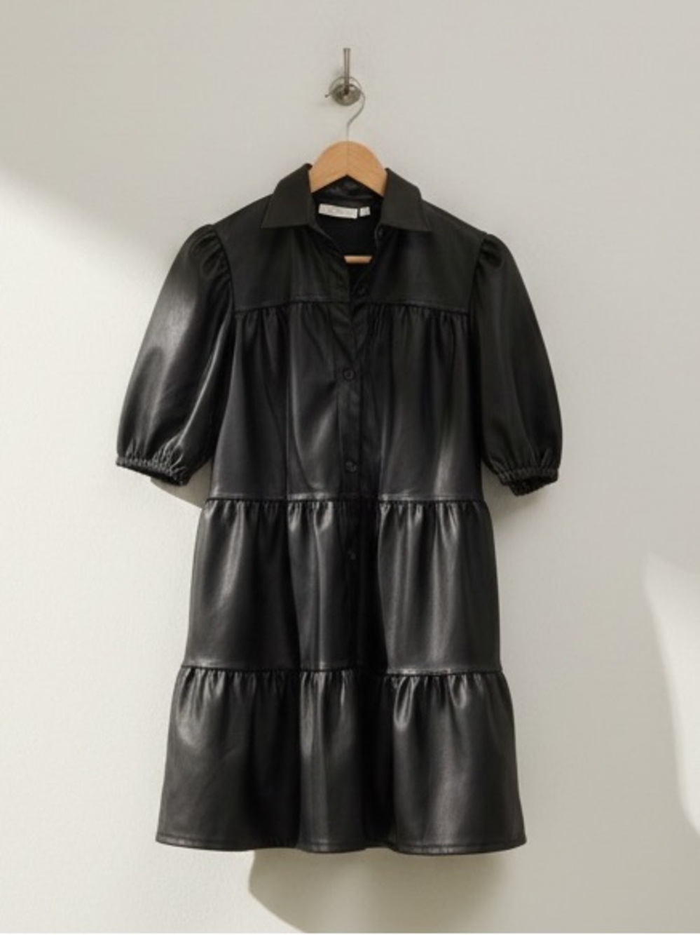 Cloth Black Faux Leather Tiered Button Front Puff Sleeve Mini Dress Size XS